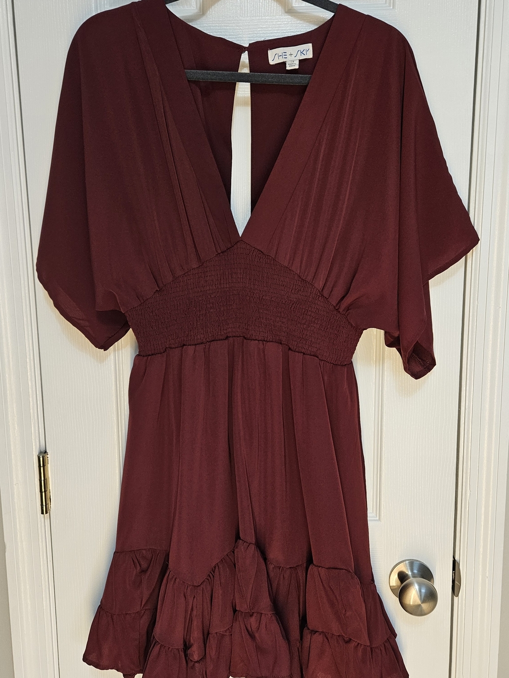 SHE + SKY Burgundy V-Neck Short Sleeve Chiffon Smocked Ruffle Mini Dress M